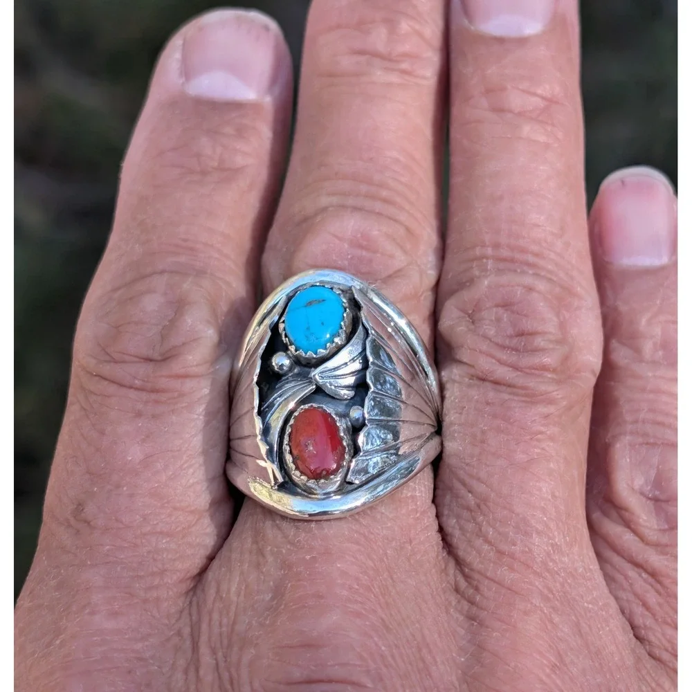 Navajo Men's Ring Sterling Turquoise Coral by J. Begay 13.5 Southwest Artisan*** - Picture 5 of 9